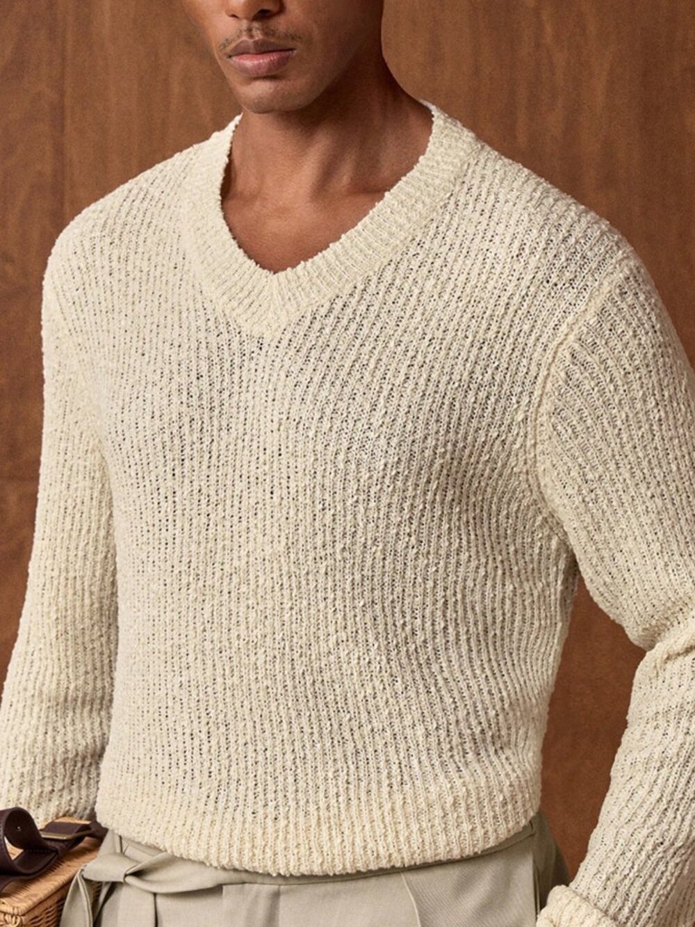 Apricot Casual Men's Ribbed V-Neck Long Sleeve Sweater